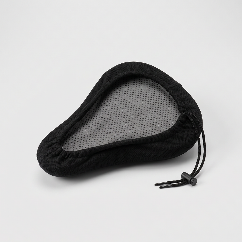 Underside of the bike seat cover: gray non-slip dotted lining and drawstring with toggle