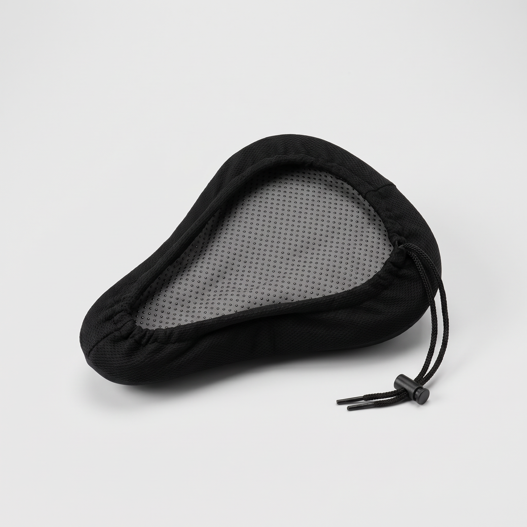 Underside of the bike seat cover: gray non-slip dotted lining and drawstring with toggle