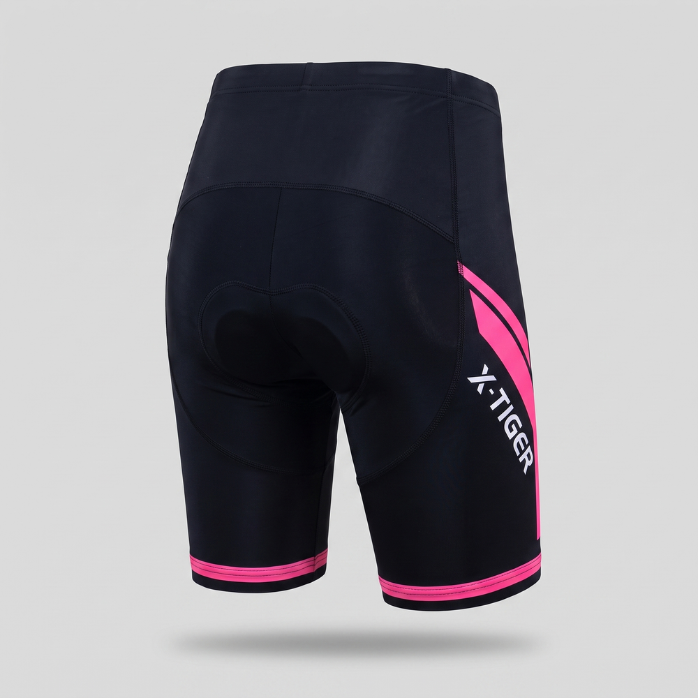 Women's padded bike shorts back view showing the seat pad and banded leg hems