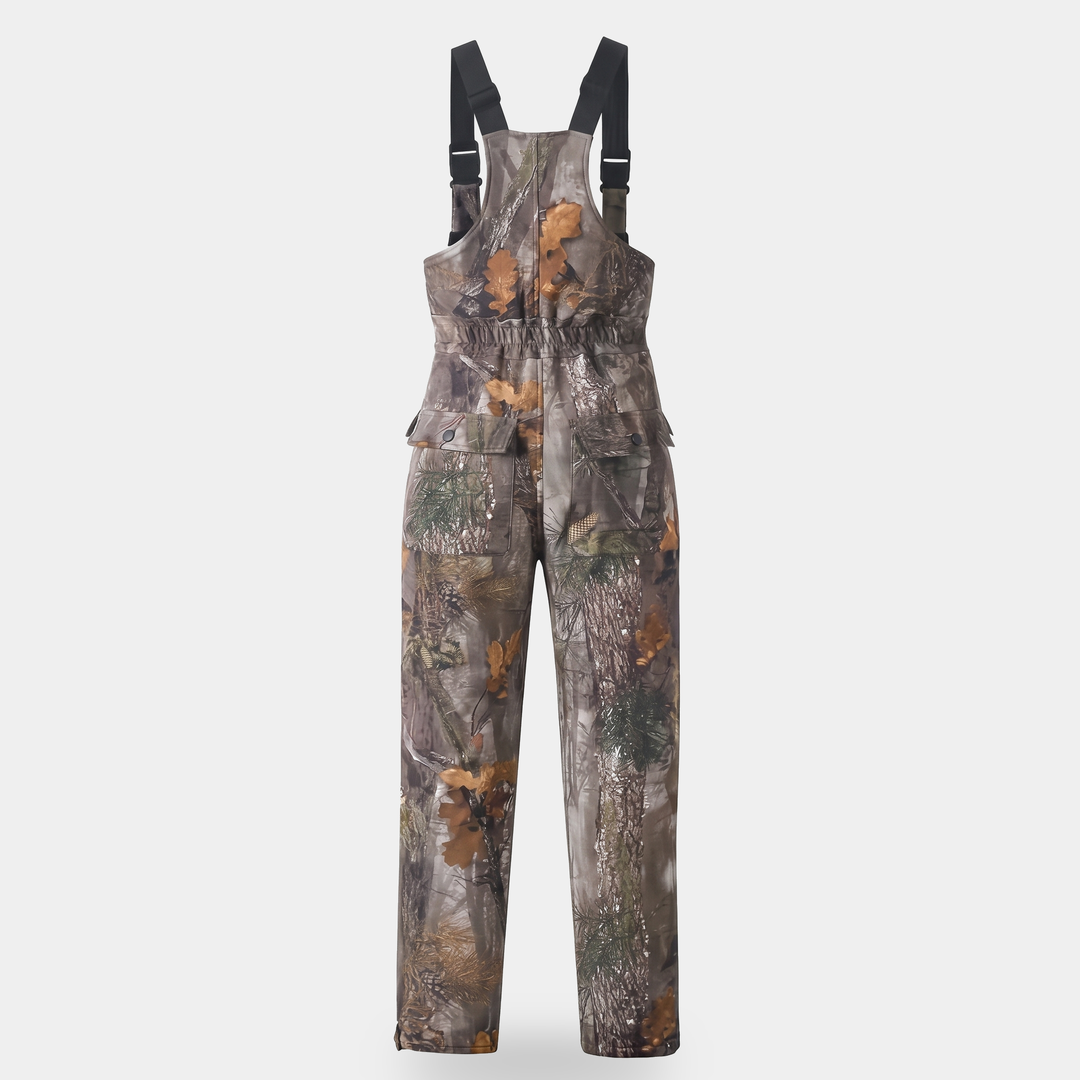 02 Camo bib overalls, back view with elasticated waist and hip pockets