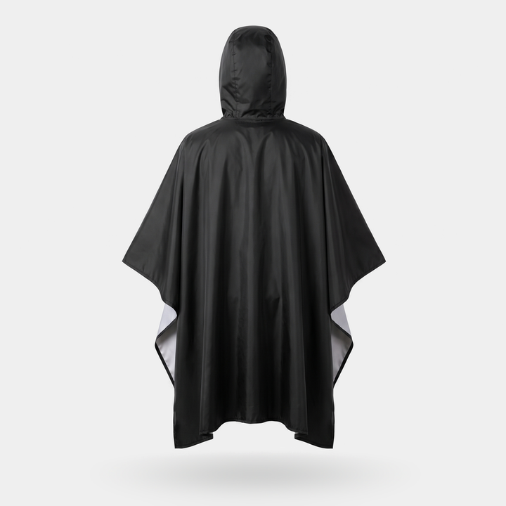 Back of the military style poncho in Black with the hood up