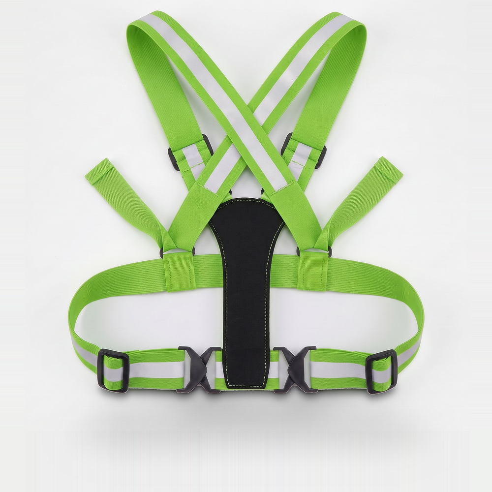 Reflective vest back view showing crossed straps and padded panel