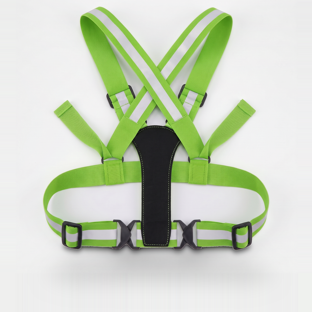 Reflective vest back view showing crossed straps and padded panel