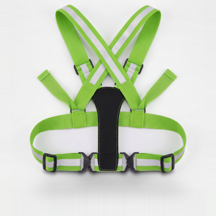 Reflective vest back view showing crossed straps and padded panel