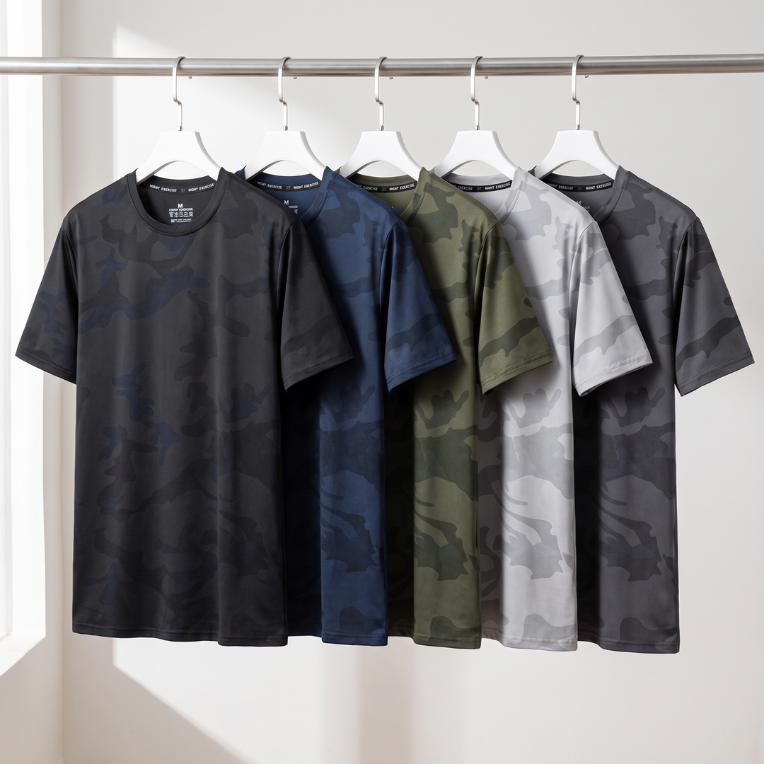 Men's Camo T-Shirt all 5 colorways on rail - Black Dark Blue Army Green Light Gray Dark Gray