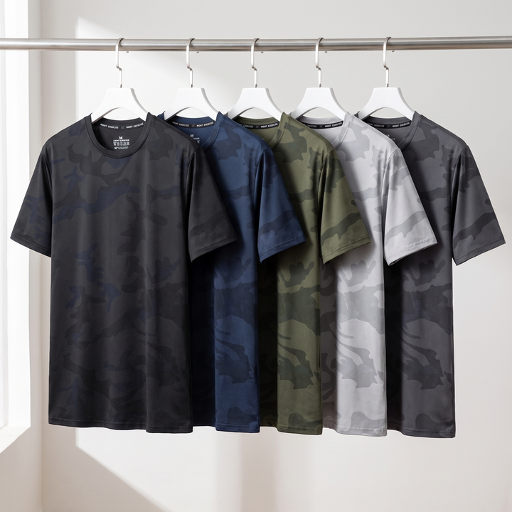 Men's Camo T-Shirt all 5 colorways on rail - Black Dark Blue Army Green Light Gray Dark Gray