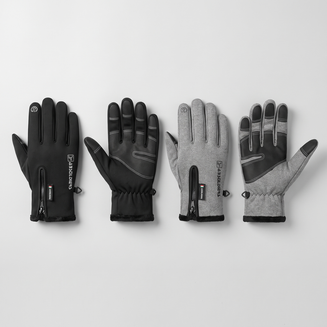 Winter gloves in black and gray, back of hand and palm of each color