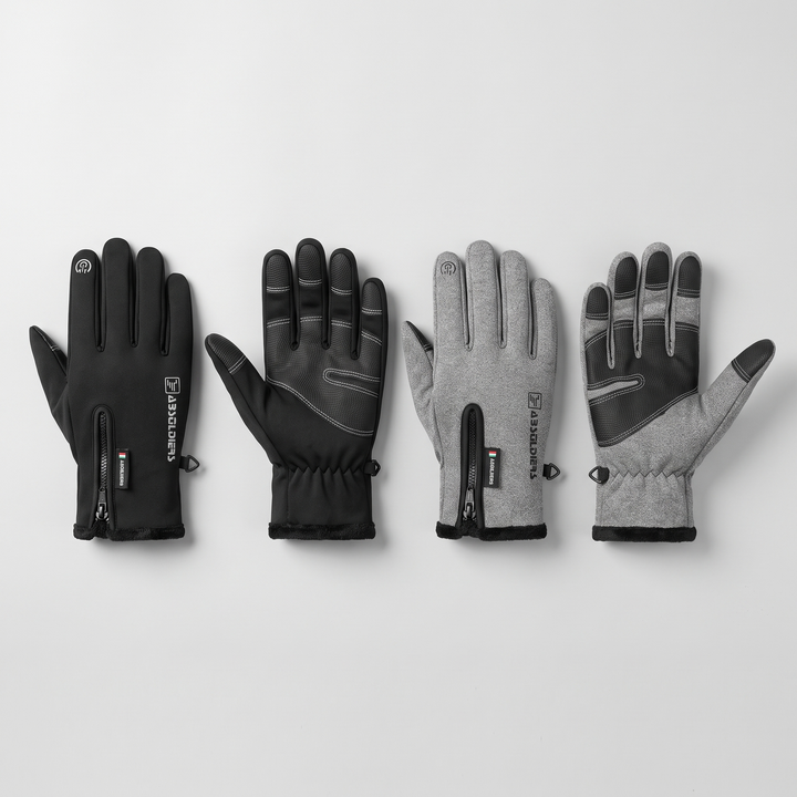 Winter gloves in black and gray, back of hand and palm of each color