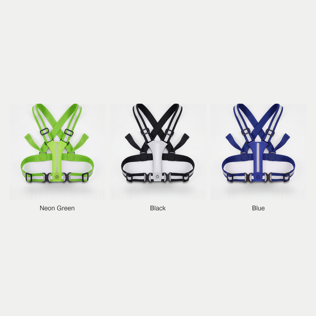 Reflective vest colorways - Neon Green, Black and Blue, flat lay front view