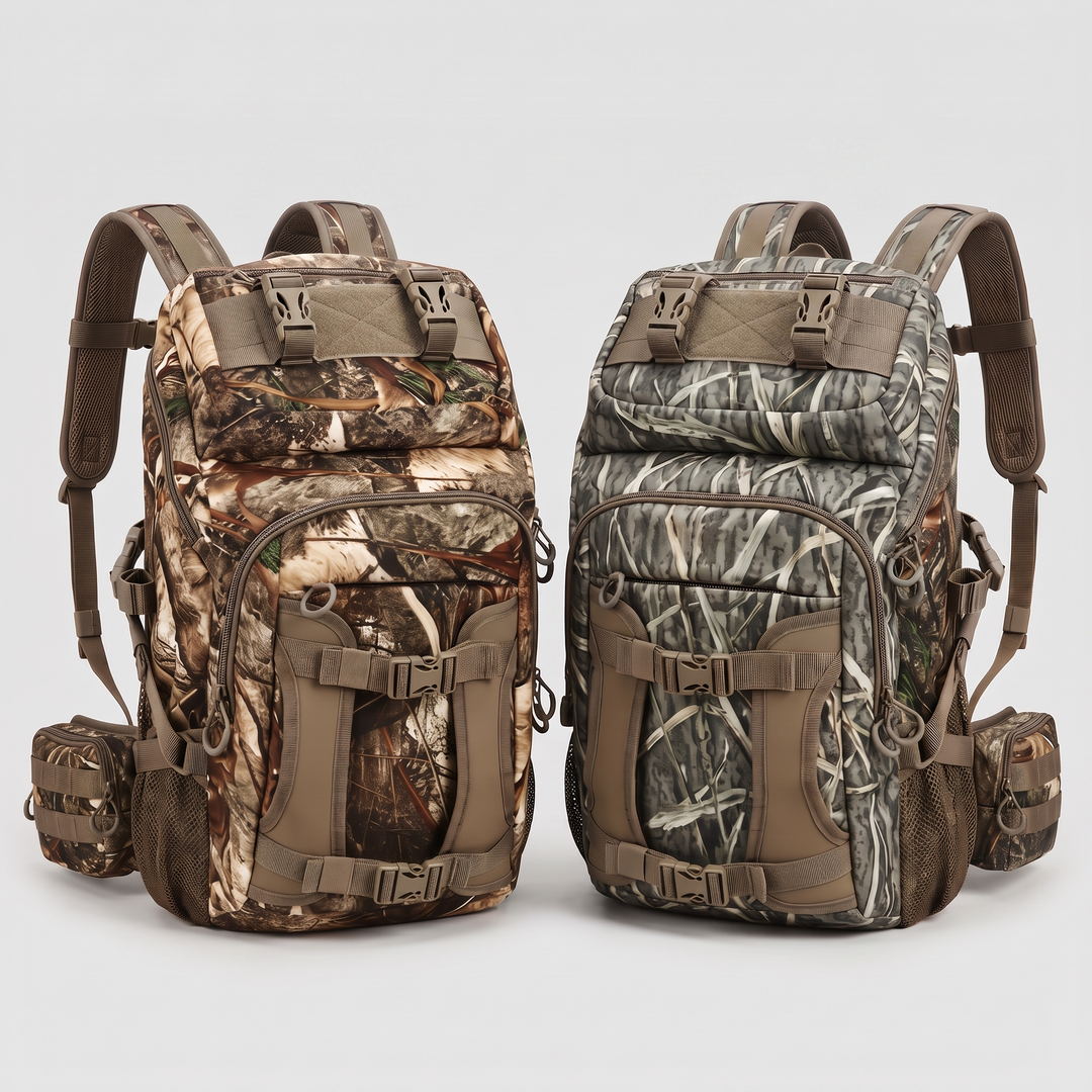 Hunting backpack in both camo patterns: Treasures of the Trees and Stealth Reed Camo