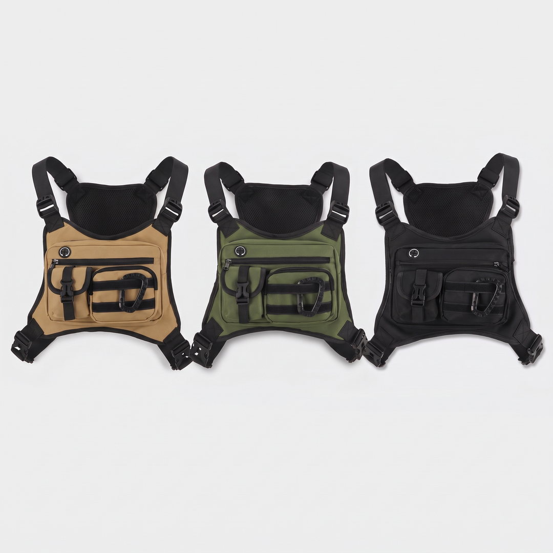 Tactical chest bag in Desert Tan, Olive Green and Black side by side