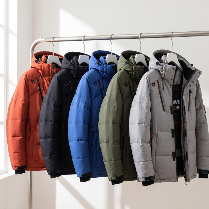 Men's Puffer Jacket in all five colors - Orange, Black, Blue, Green and Grey