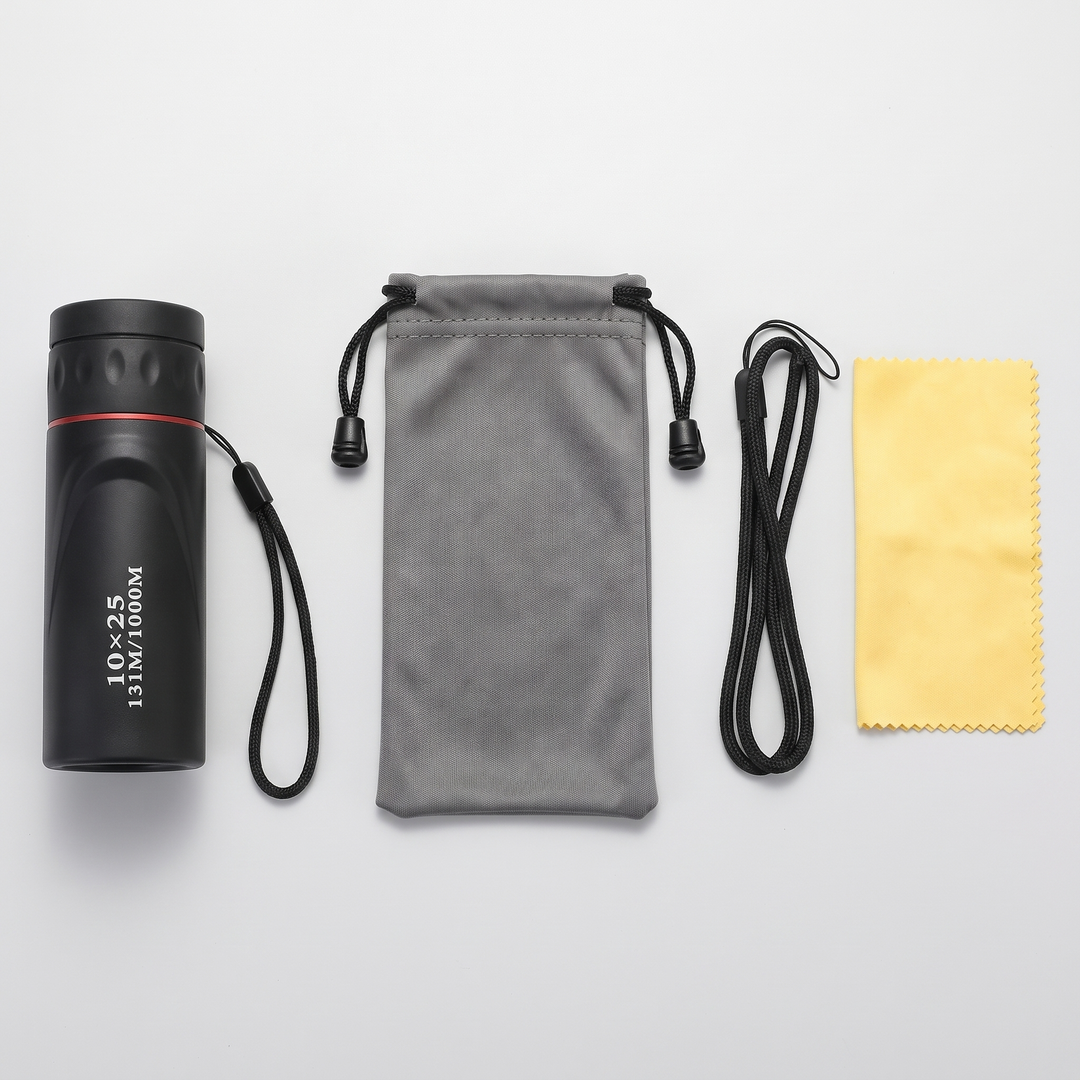 Monocular with drawstring pouch, wrist lanyard and cleaning cloth