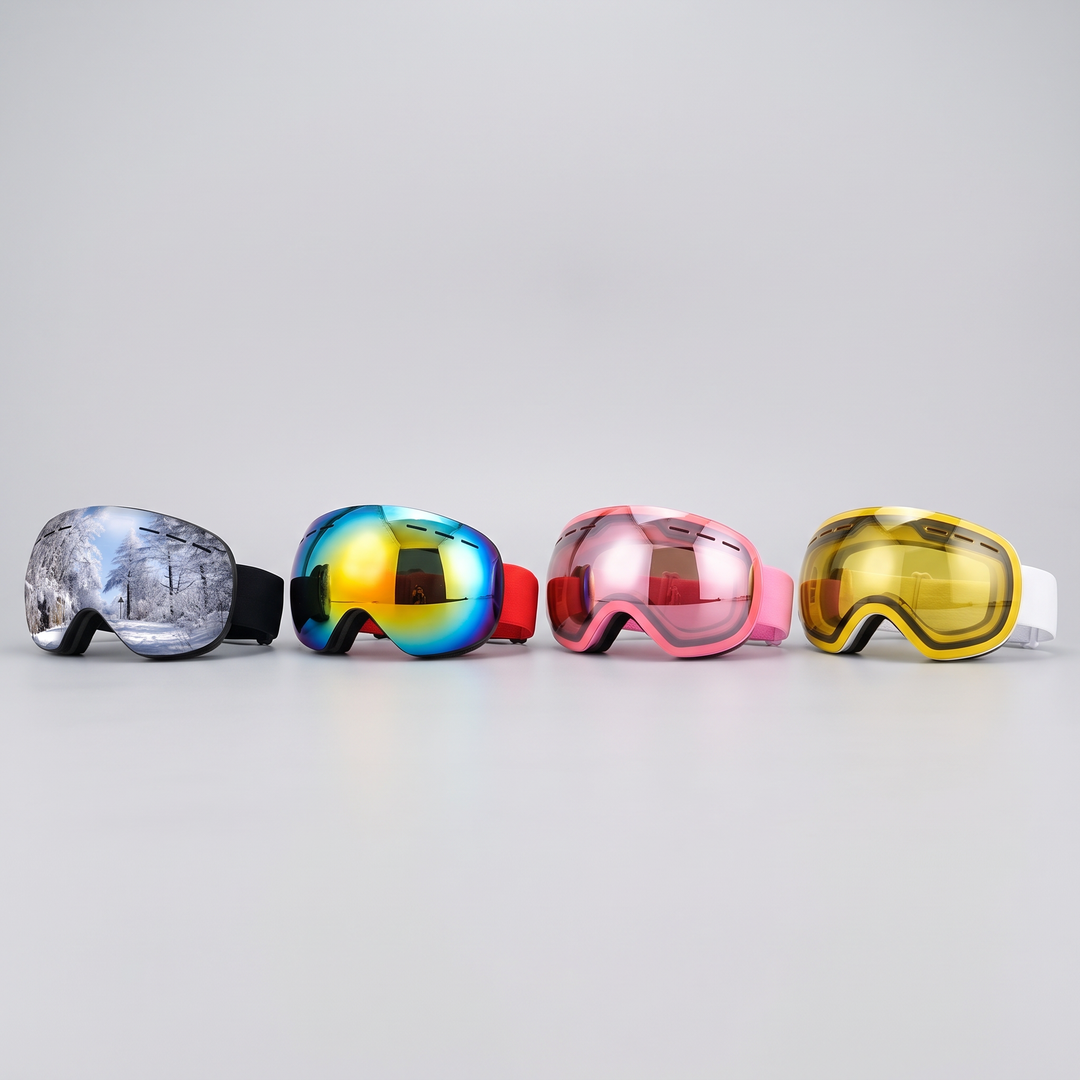 Ski goggles in four colors: black, red, pink and golden