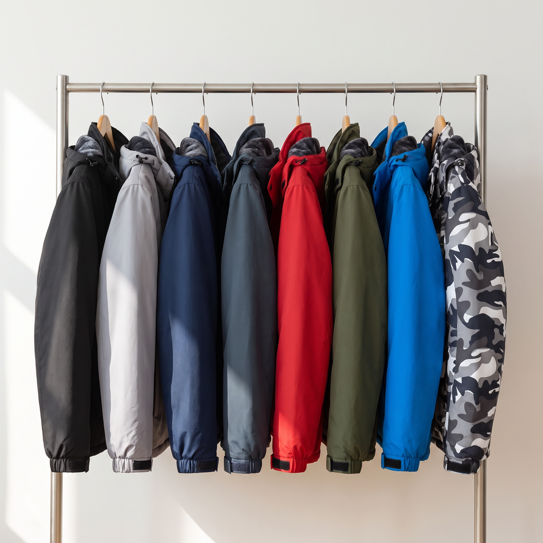 Men's ski jacket in all eight colors on a clothes rail