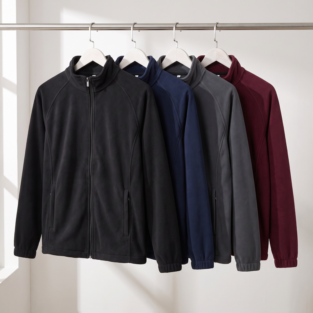 Men's fleece jacket in four colors: Black, Blue, Dark Gray, Burgundy