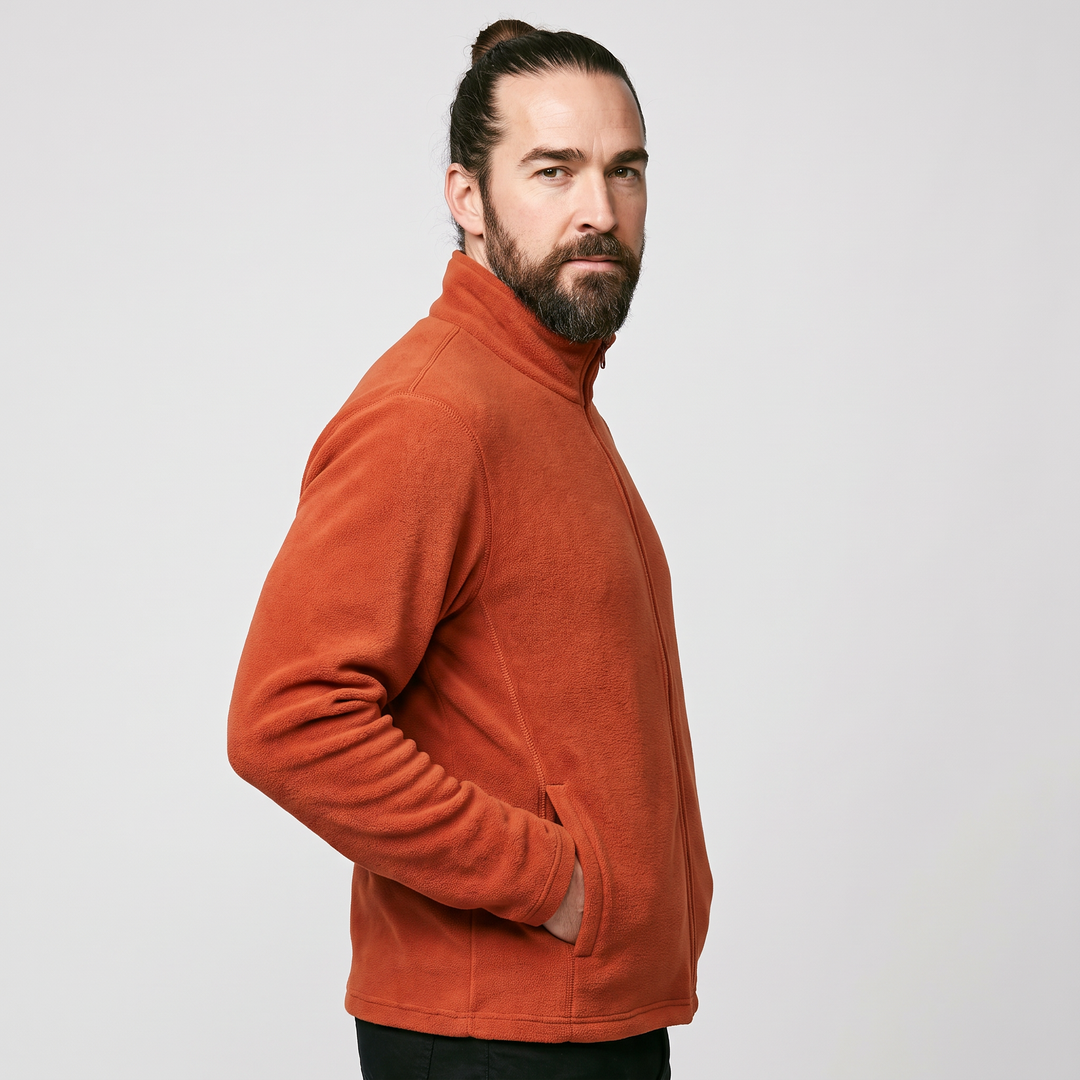 Men's fleece zip up jacket - dark orange - side view