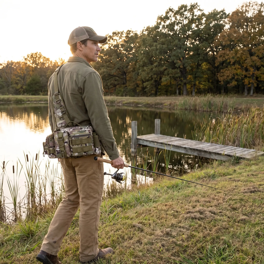Angler wearing the camo fishing sling bag on a farm pond bank at sunset with a spinning rod