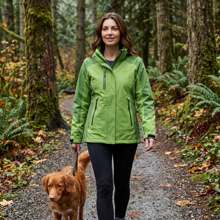 Woman in the green insulated rain jacket walking a dog on a wet forest trail