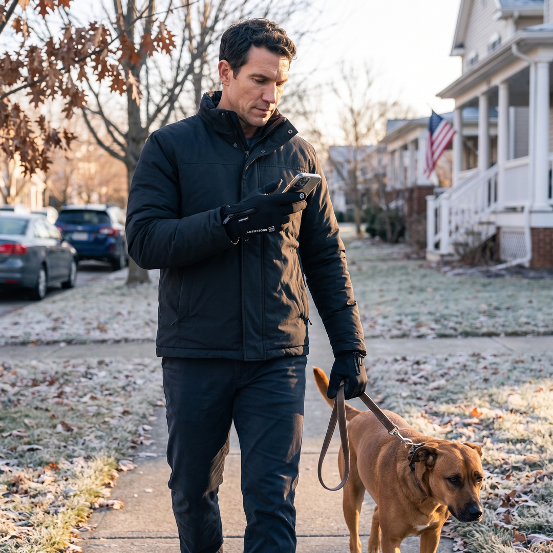 Man walking his dog on a frosty morning, using his phone with touchscreen winter gloves on