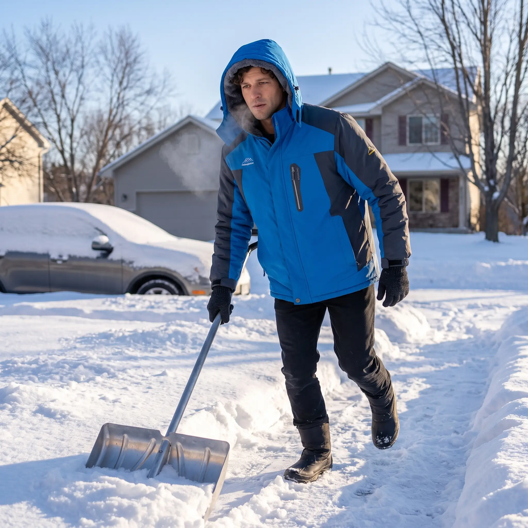 Man in a hooded winter jacket shoveling snow from a driveway in Minnesota