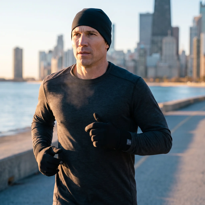 Man running on the Chicago lakefront at sunrise wearing black thermal running gloves