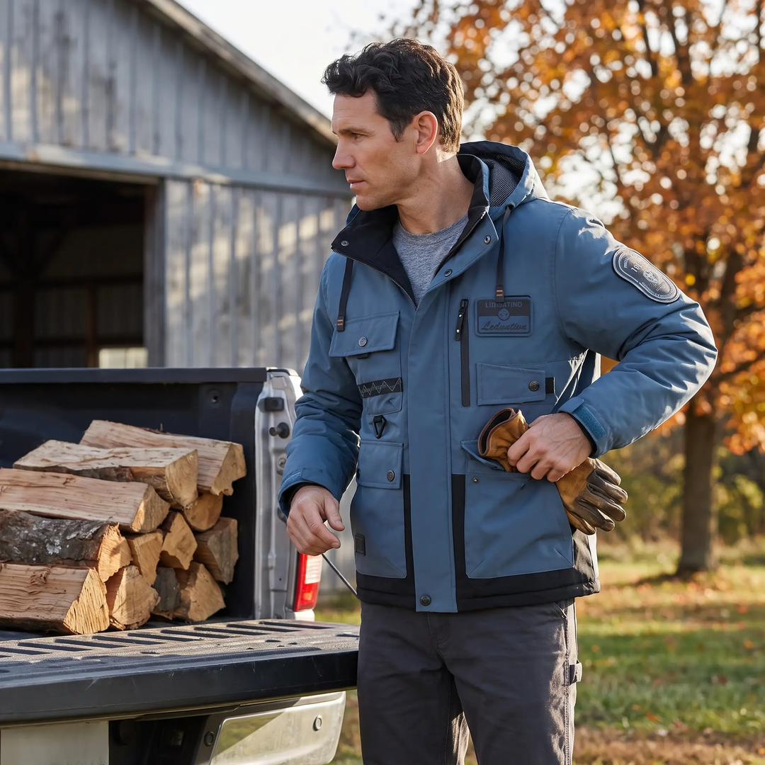 Man in a hooded work jacket putting gloves in the lower pocket at a pickup truck in Ohio