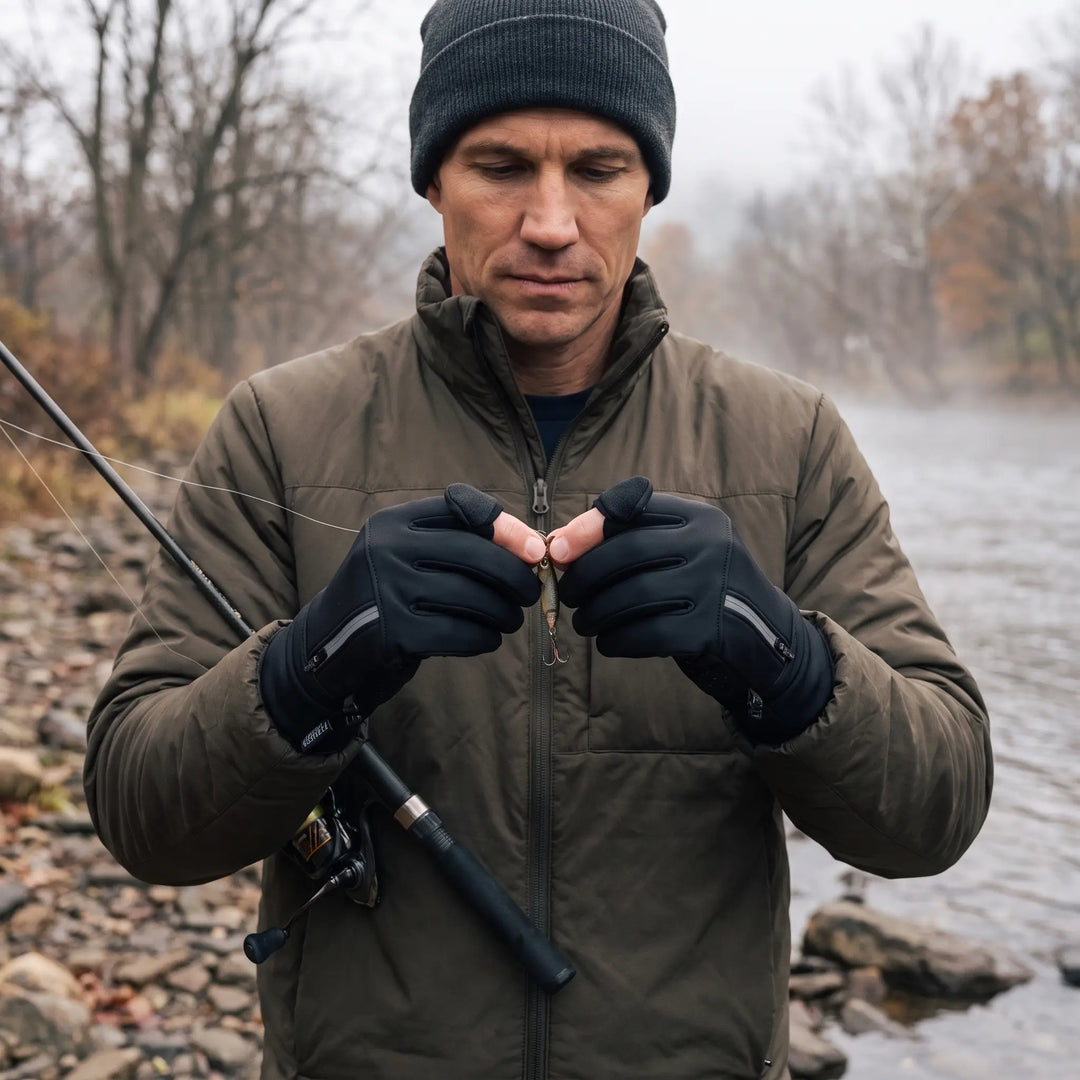 Angler tying a lure on a river bank in late fall wearing flip finger fishing gloves