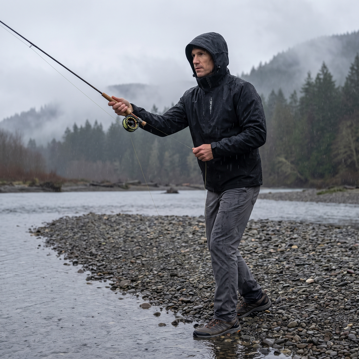 Waterproof rain jacket - fly fishing a river in the rain