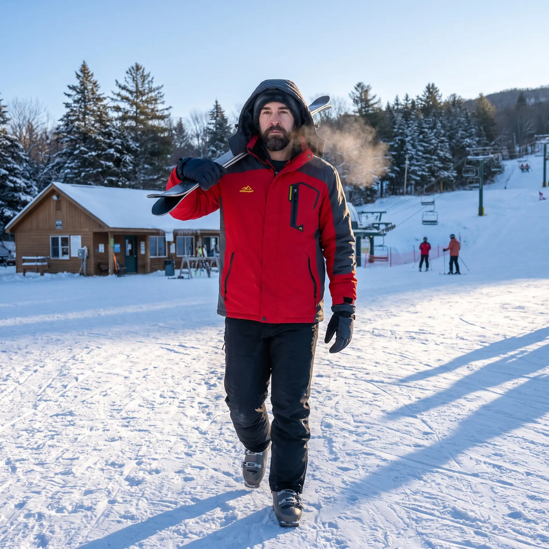 Man carrying skis to the chairlift in a Red hooded ski jacket in Vermont