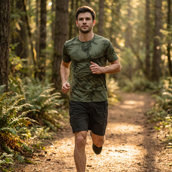Men's Army Green Camo T-Shirt lifestyle - man on wooded trail at golden hour