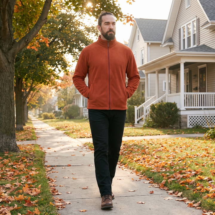 Men's fleece zip up jacket - outdoor lifestyle on autumn trail