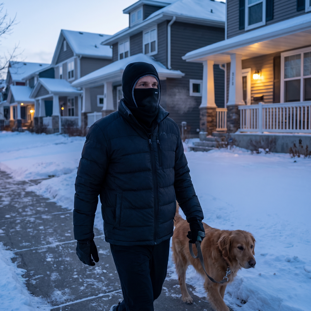 Man walking a dog at dawn wearing the black winter face mask balaclava