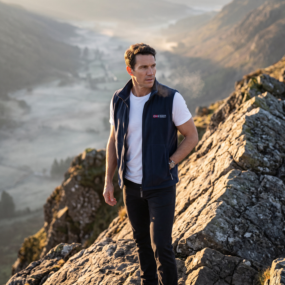 Man wearing the navy fleece vest on a rocky ridge at first light