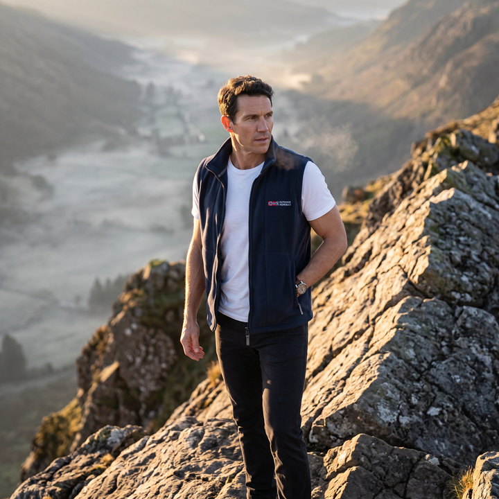 Man wearing the navy fleece vest on a rocky ridge at first light