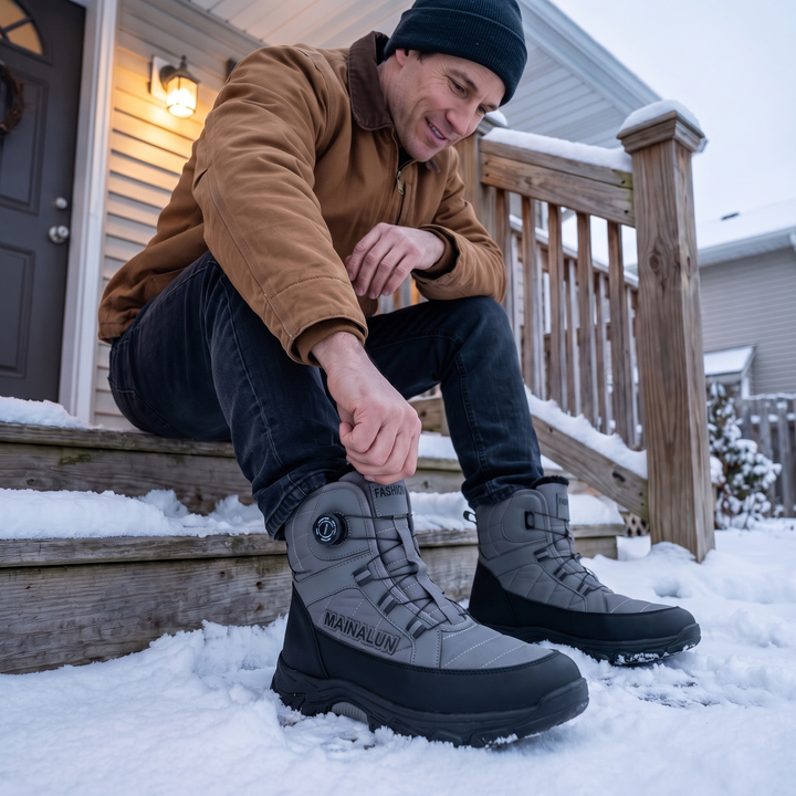 Man turning the dial on his snow boots on snowy front steps