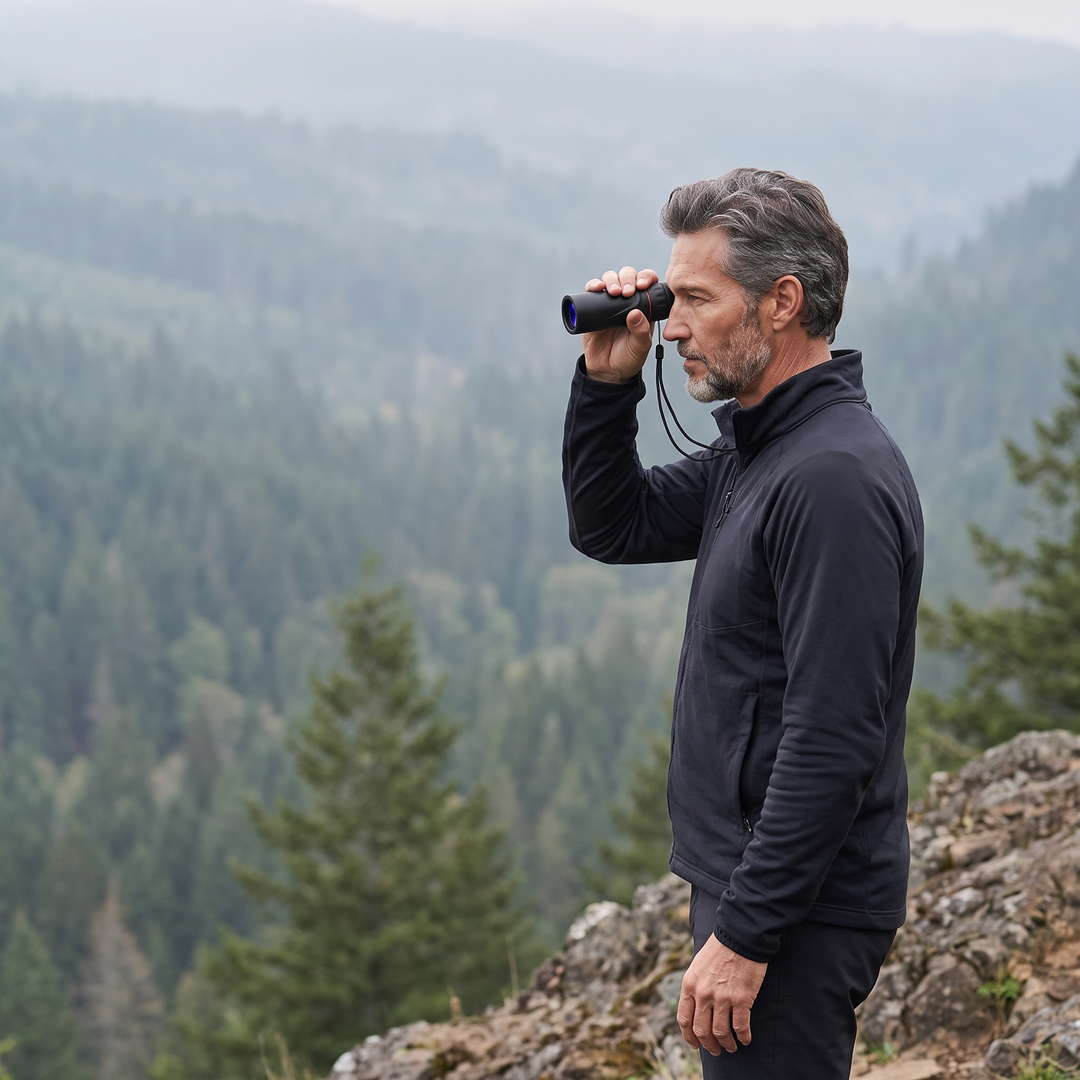 Man using the compact monocular on a ridge