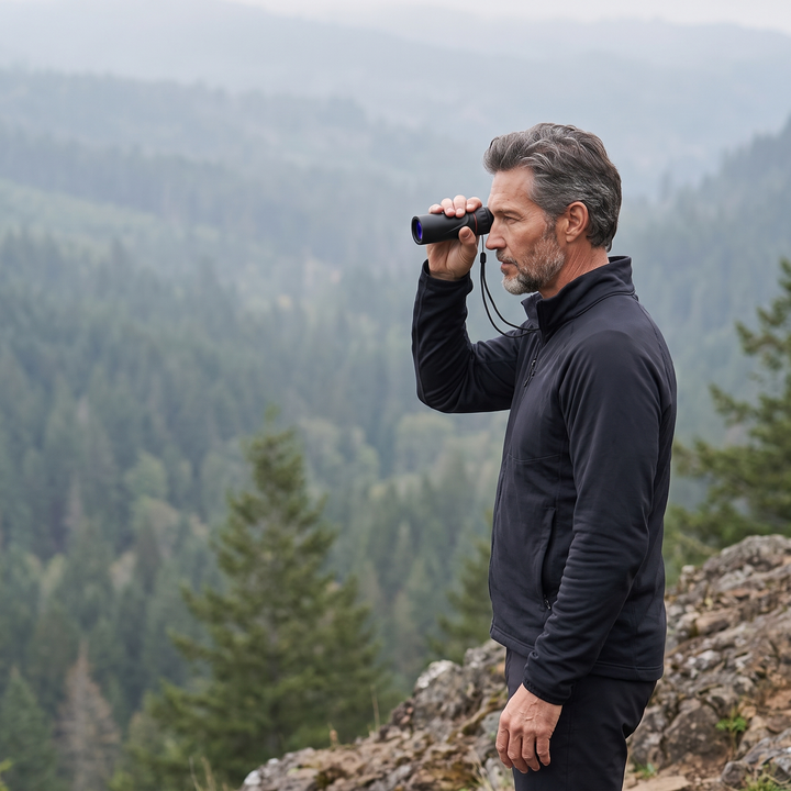 Man using the compact monocular on a ridge