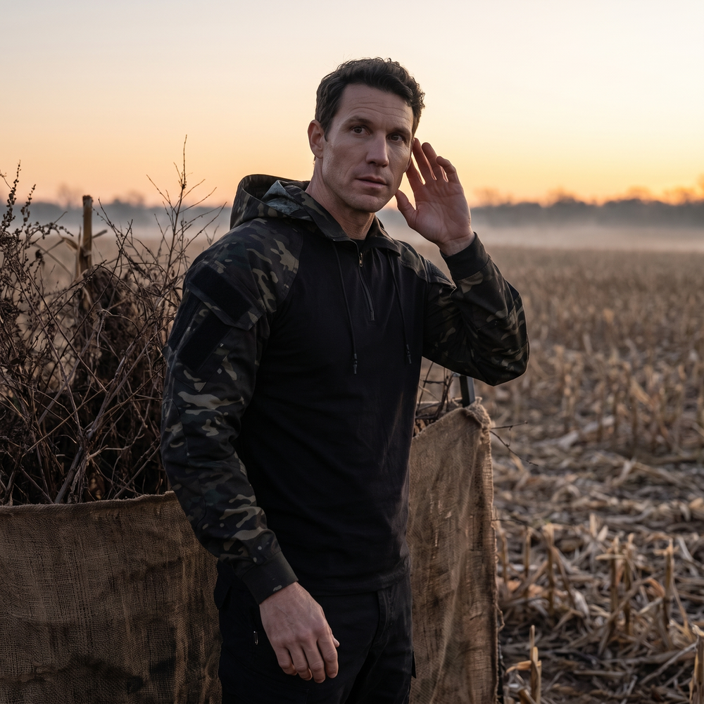 Hunter wearing Activearo Hunting Hoodie at pre-dawn field