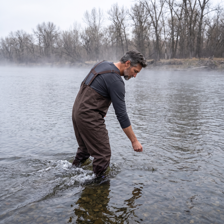 Angler wading a river in the chest waders