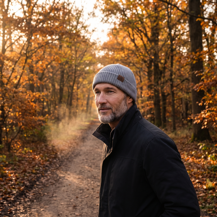 Man wearing Fisherman Beanie on mountain trail in the United States
