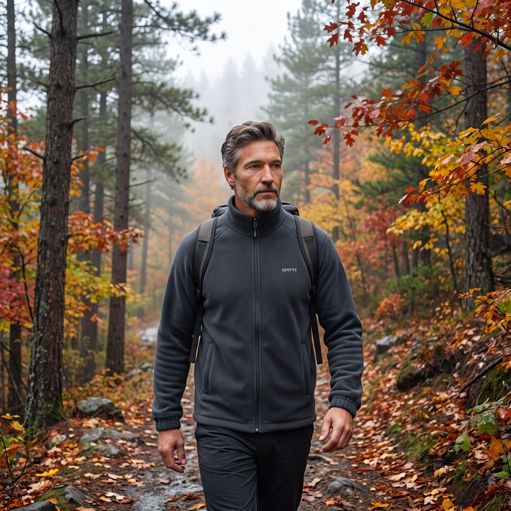 Man hiking a forest trail wearing dark gray full-zip fleece jacket