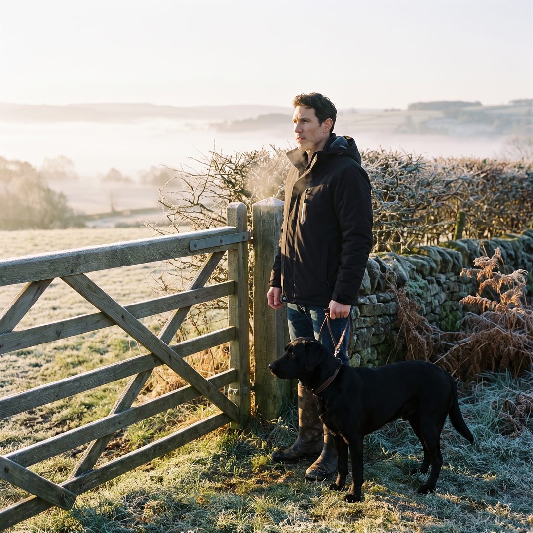 Man wearing the black fleece lined winter coat on a frosty morning dog walk