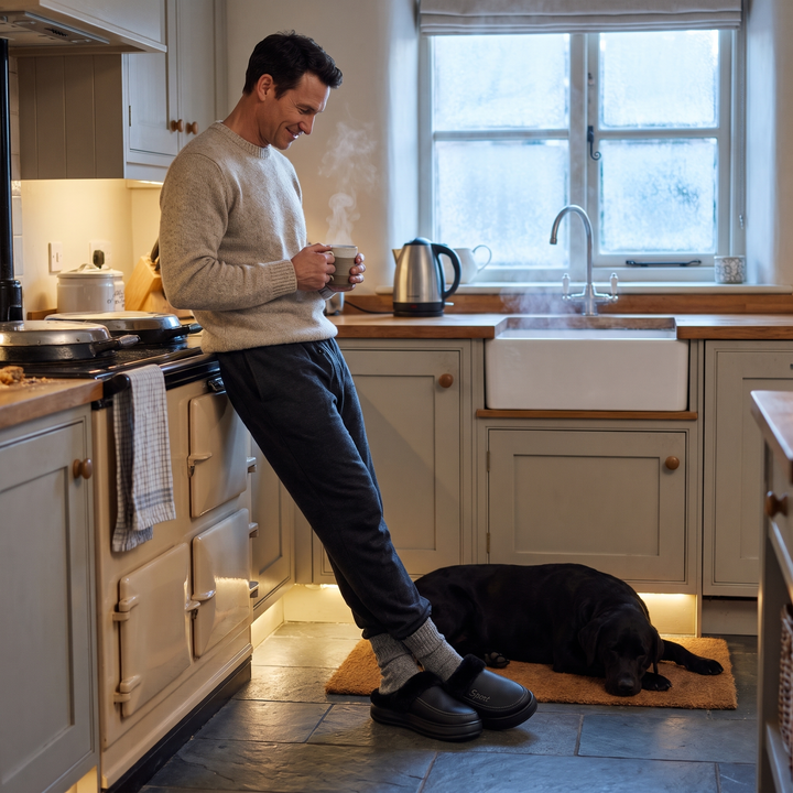 Black slipper clogs on a cold slate kitchen floor on a frosty morning