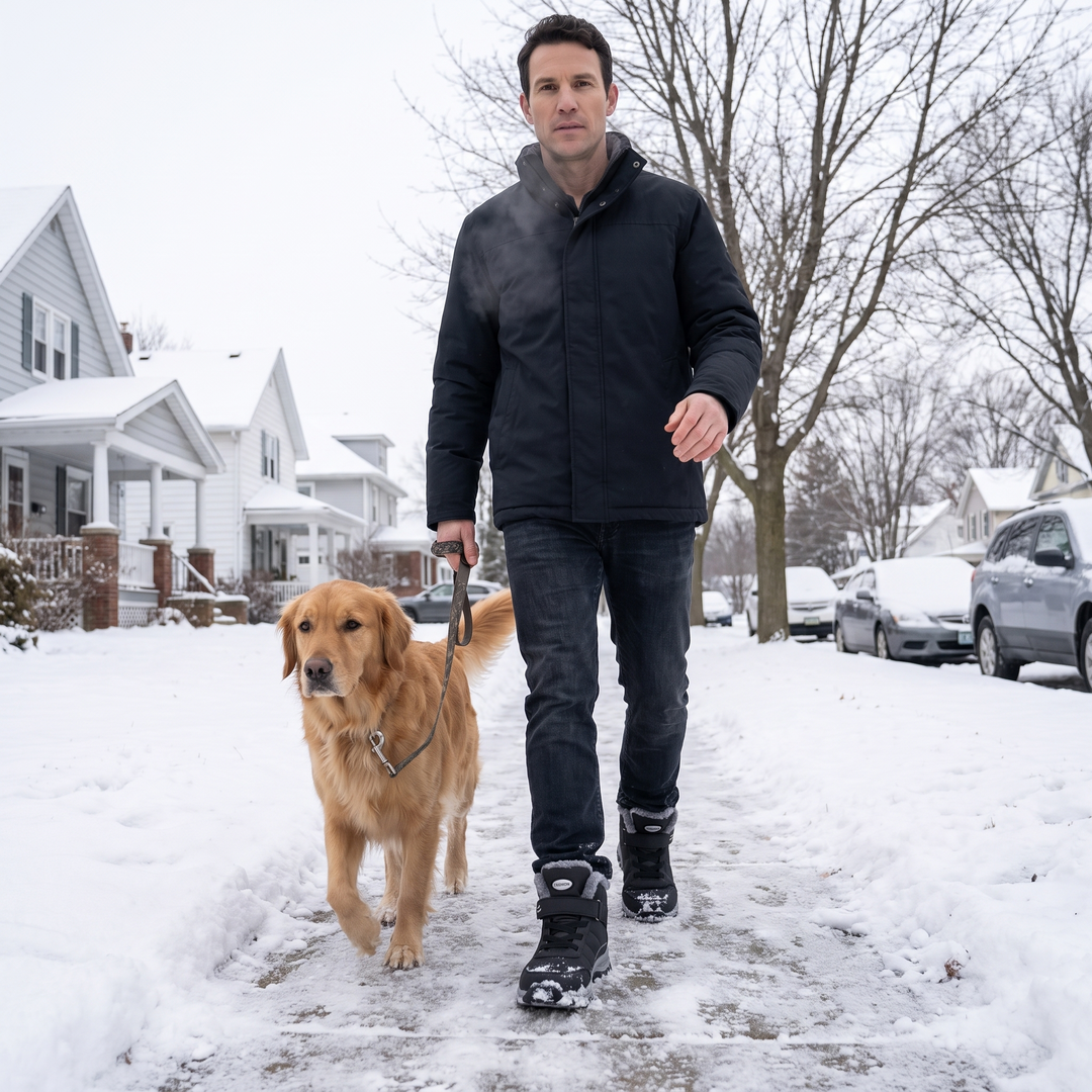 Man walking a dog on a snowy sidewalk wearing black plush lined winter boots