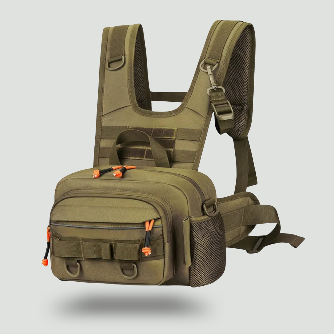 Men's Hands-Free Chest Pack – MOLLE Fishing and Hiking Rig with Multiple Zippered Pockets