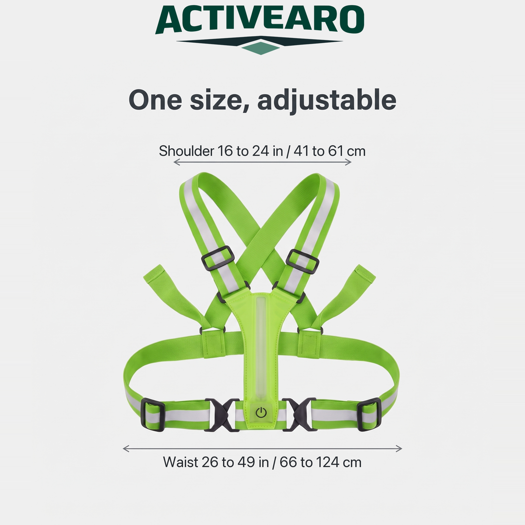 Reflective vest size range, shoulder 16 to 24 in and waist 26 to 49 in