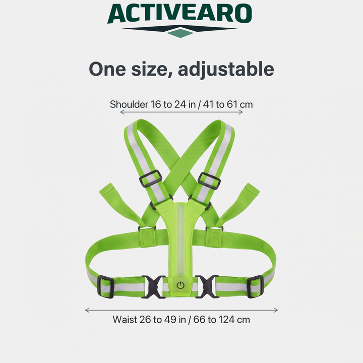Reflective vest size range, shoulder 16 to 24 in and waist 26 to 49 in
