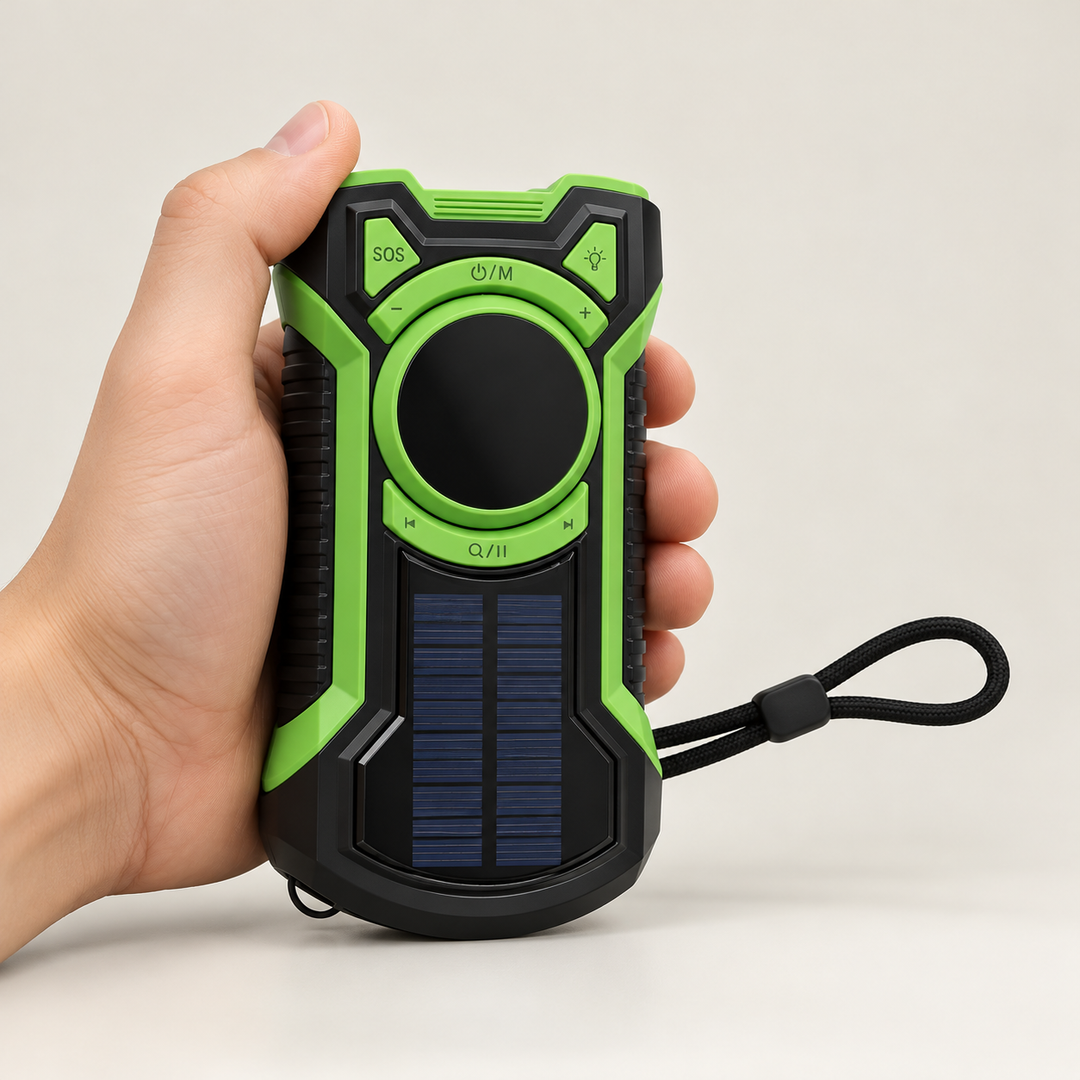 Portable emergency radio held in one hand to show its compact size