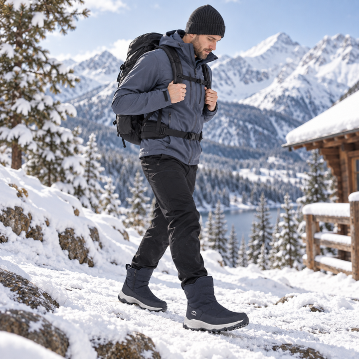 Man hiking in snow wearing the men's winter boots in Navy